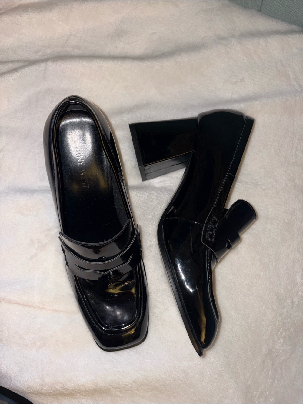 Nine West Black Patent Leather Block Heel Loafers